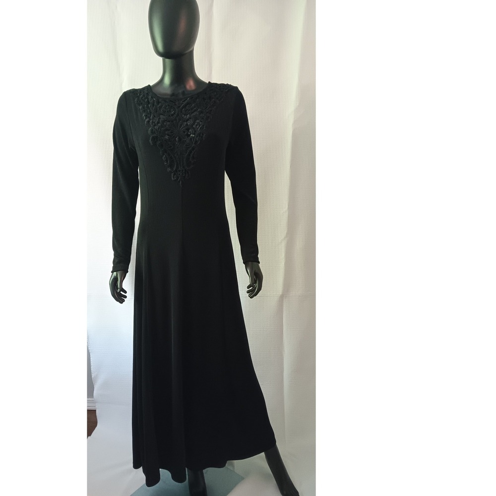 Together Women's Black Stretch Maxi Dress Embroidery Detail Long Sleeve Medium